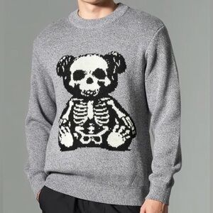 WESC Leon Skeleton Bear Crew Neck Cotton Sweater Grey Unisex NWT